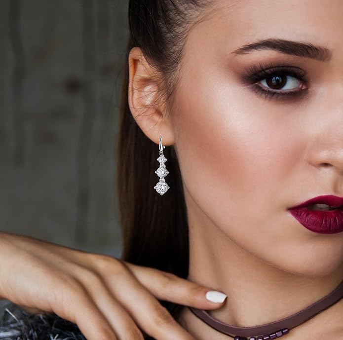 Savlano 14K White Gold Plated Three Cubic Zirconia Crystal Round Cut Dangle Earrings For Women