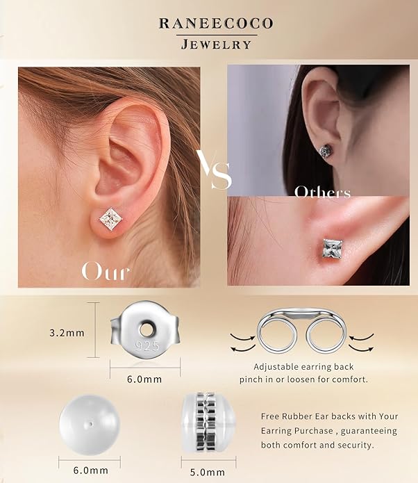 ”STUNNING FLAME“ 18K Gold Plated Sterling Silver Princess Cut Cubic Zirconia Stud Earrings for men women