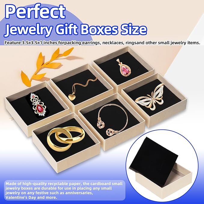 Glarks 12Pcs 3.5x3.5x1 Inch Beige Cardboard Paper Jewelry Gift Boxes with Scissors and Ribbon Set, Bracelets Bangle Necklace Earring Gift Case for Birthday Wedding Jewelry Storage Packaging Display