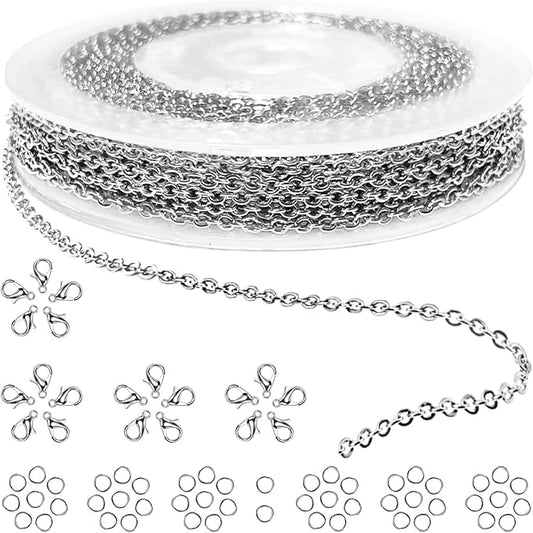 Jishi 33ft Silver Stainless Steel Chain 2mm Jewelry Necklace Link Cable Chain for Jewelry Making Bracelets Earring Craft Supplies DIY Findings - Metal Rolo Link Chain Roll w/Lobster Clasps, Jump Rings
