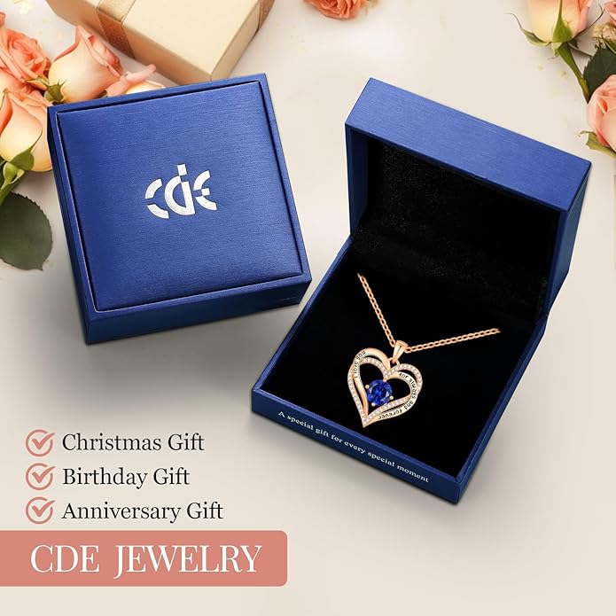 CDE Valentine's Day Gift Forever Love Heart Necklaces for Women, Wedding Anniversary, Birthday Mothers Christmas Day Gifts for Mom, Mother, Wife, S925 Silver Jewelry with Birthstone Pendant