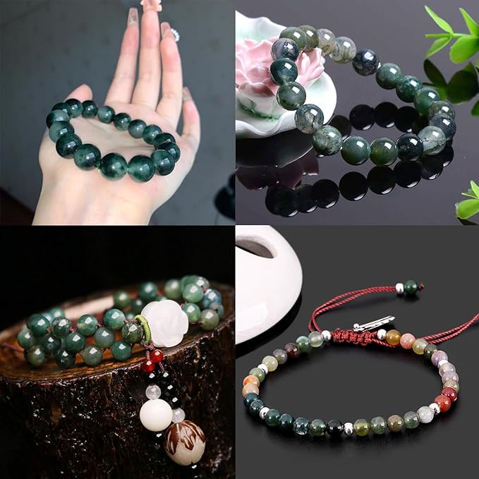 Natural Stone Genuine Stones DIY Green Moss Agate Round Beads 8mm 100pcs Beading Loose Gemstone Hole Size 1mm Charm Smooth Beads for Bracelets Necklaces Earrings (Green Moss Agate 8mm)