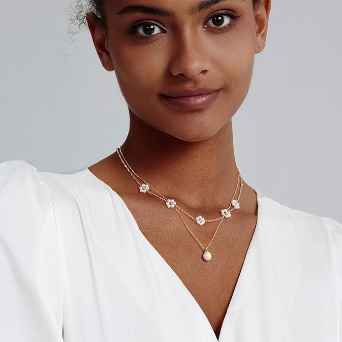 Pearl Necklaces for Women 14K Gold Plated Dainty Layered Single Pearl Necklace Simple Daisy Pearls Choker Cute Gold Necklace Stack Jewelry Sets for Women Trendy Gifts