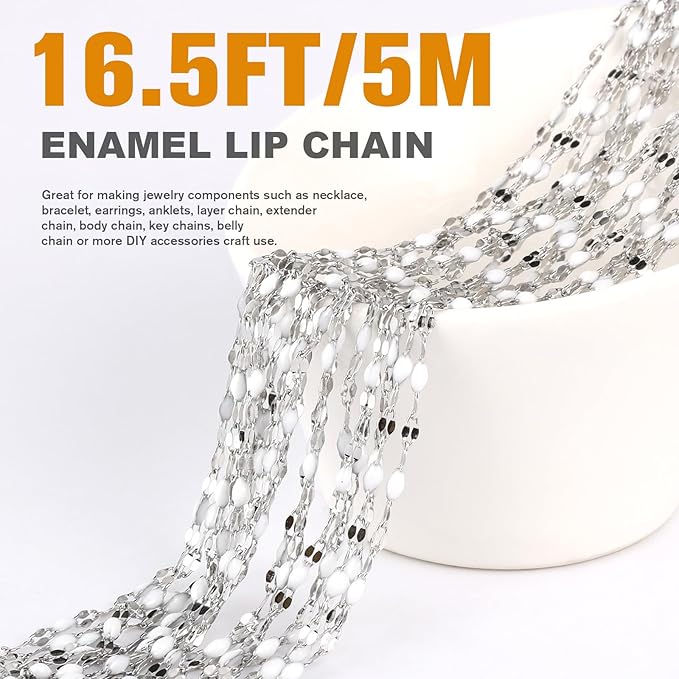 16.5FT White Enamel Dapped Chain Roll, 2MM Stainless Steel Enalem Lip Link Chains Spool Bulk for DIY Jewelry Making