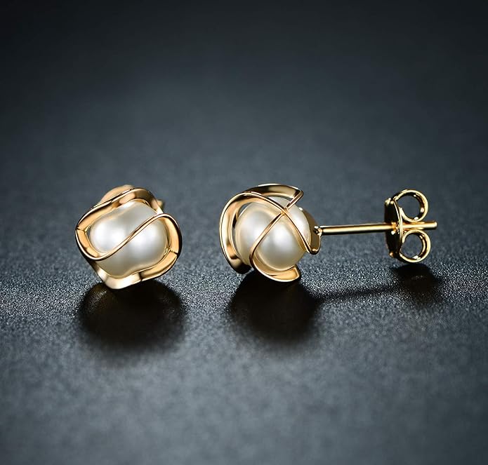 Barzel 18K Gold Plated Caged Pearl Stud Earrings, 6MM - Made In Brazil