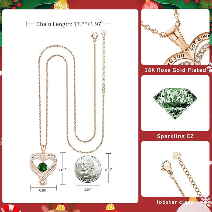 Infinity Love Heart Birthstone Necklace for Women Wife, S925 Sterling Silver Anniversary for Women Wife Birthday Gift for Her Girlfriend Mom Daughters, I Love You Women's Jewelry 18k Rose Gold Filled