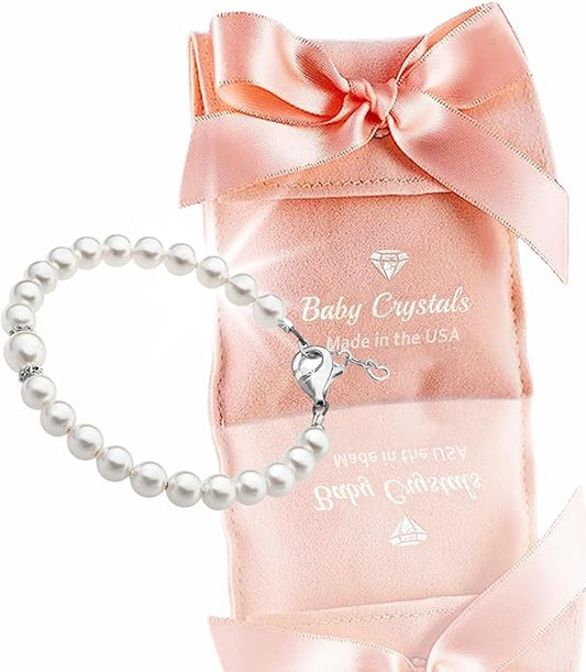 Baby Crystals Sterling Silver Bracelets for Girls with High End White European Simulated Pearls, Elegant Girls Jewelry, Pearl Bracelet for Baby Birthday Gifts Flower Girls, Baptism Keepsake