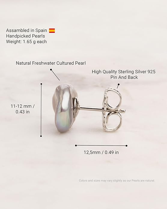 Woman Pearl Earrings Freshwater Cultured Keshi Pearls in White and Gray by SECRET & YOU | Sterling Silver 925 | Available in 10 sizes from 7-8 mm to 15-16 mm