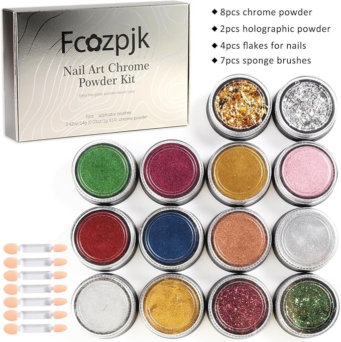 Chrome Nail Powder Set 14 Colors Pink Blue Silver Metallic Effect Mirror Powder for Nails with Brushes Holographic Pigment Chameleon Flakes for Nails Gold Leaf Decoration Nail Supplies