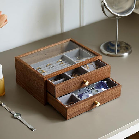 Black Walnut Jewelry Organizers and Storage,2 Layer Wooden Jewelry Boxes for Women,for Necklaces Ring Earring (2 Layer)