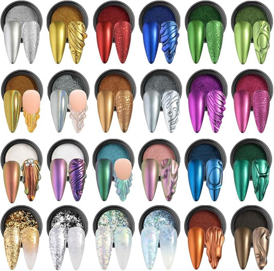 SUTOKAKA 24 Jars Chrome Nail Powder Metallic Mirror Effect Pigment Iridescent Aurora Mermaid Pearl Glitter Dust, Gold Silver Nail Foil Fluorescent Flakes Kit for Resin Craft & Nail Art Decoration