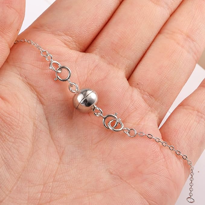 Silver Necklace Extender, 925 Sterling Silver Magnetic Necklace Clasps and Closures, Silver Double Magnetic Clasps Necklace Bracele Connector Extenders Extension Chains for Jewelry Making