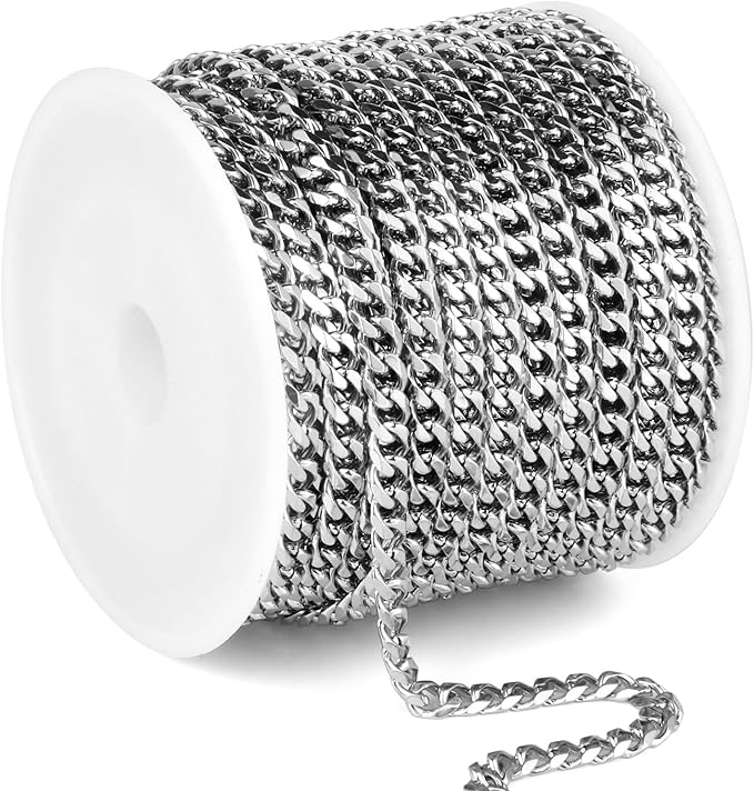 33FT Stainless Steel Cuban Chain Roll 4.3MM Width Diamond-Cut Curb Link Chains Spool Bulk for DIY Crafts Jewelry Making