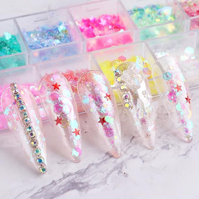 Iridescent Glitter Nail Art Sequins, Holographic 3D Irregular Ultra-Thin Nail Art Glitter Flakes Designs, Shiny Mermaid Nail Glitter Slices Resin Acrylic Supplies for Women Girls Manicure Decorations