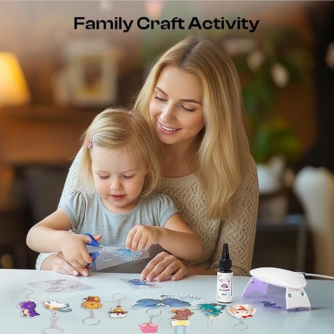 Csyidio 160PCS Shrink Plastic Sheet Kit with 15PCS Shrink Papers, UV Resin, UV Lamp and Keychains Accessories for Kids Craft Ornaments, DIY Key Chains & Christmas Decor