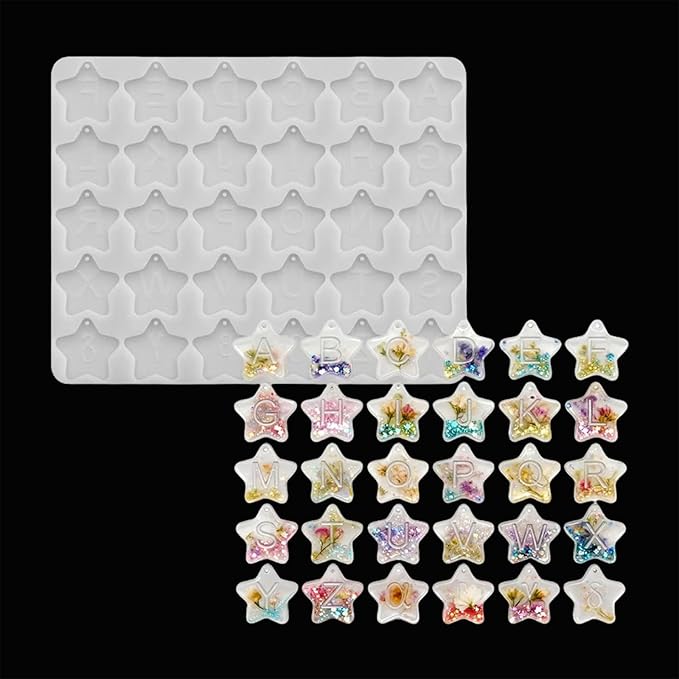 XYQHOAC Alphabet Keychain Molds Star Shape Letter Keychain Silicone Mold Resin Keychain Alphabet Mold with Holes Letter Pendant Epoxy Moulds for DIY Craft Keychain Jewelry Pendant Making (White)