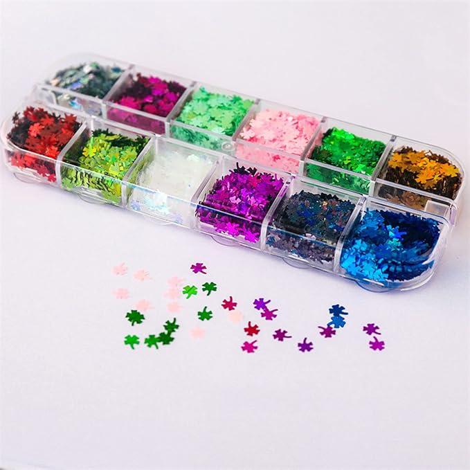 Clover Glitter Nail Art Sequins, 12 Colors Clover Leaf Glitter Acrylic Nails Supplies for Women, Girls & Manicure St. Patrick's Day Decorations, DIY Crafts