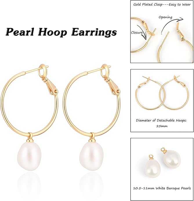 Gold Plated Huggie Hoop Earrings with Charms Fashion Pearl Drop Dangle Earrings for Women Handmade Karma Circle Jewelry for Ladies Lightweight Pearl Earrings on Christmas