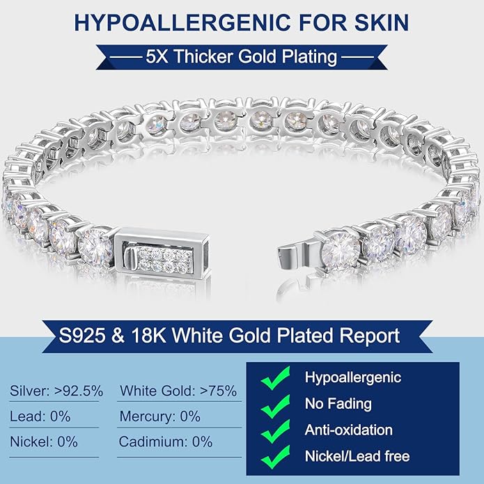 TUHE Moissanite Tennis Bracelet 5.0-21.0CT 18K Gold Plated 925 Sterling Silver Bracelets 3/4/5MM D Color VVS1 Round Lab Created Moissanite Bracelet for Women Men 6-8.5 Inch Jewelry Valentines Gifts