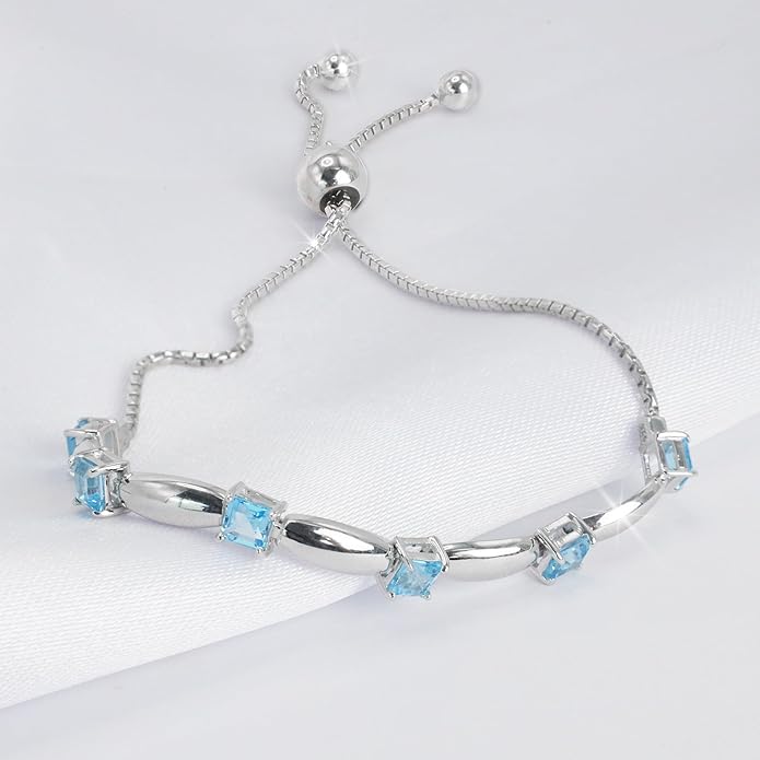 Fine Bracelet Tennis Style Pull String Birthstone Jewelry Gift for Women 925 Sterling Silver Square Sparkling Bolo Gemstone Jewelry Adjustable Bracelets