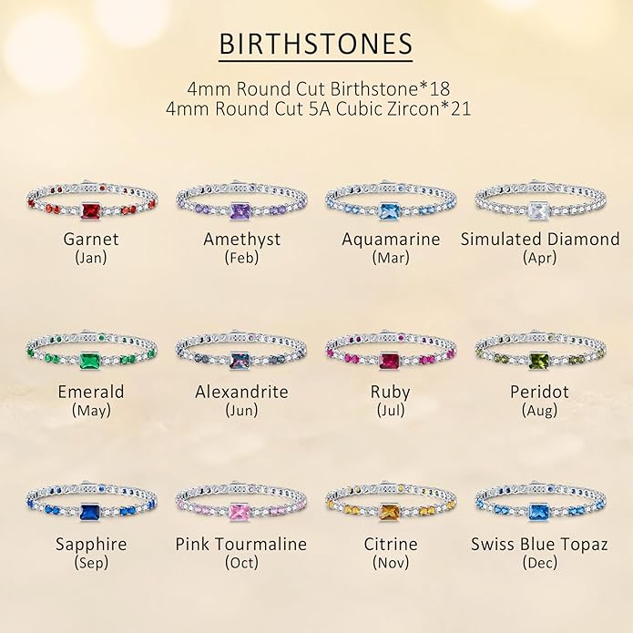 Birthstone Bracelets for Women Birthday Gifts 4CT Radiant Cut Birthstone 4mm Sterling Silver White Gold Tennis Bracelets for Women Round Cut 5A Cubic Zirconia Bezel Setting 7 Inch