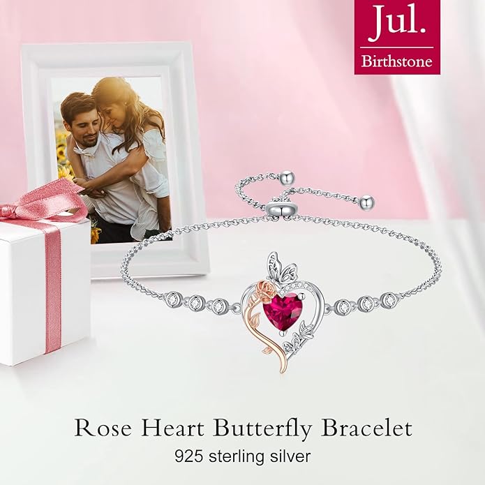 TOUPOP Rose Heart Birthstone Bracelet 925 Sterling Silver Butterfly Heart Bracelet Love Jewelry for Women Anniversary Valentines Day Birthday Gifts for Her Wife Mom