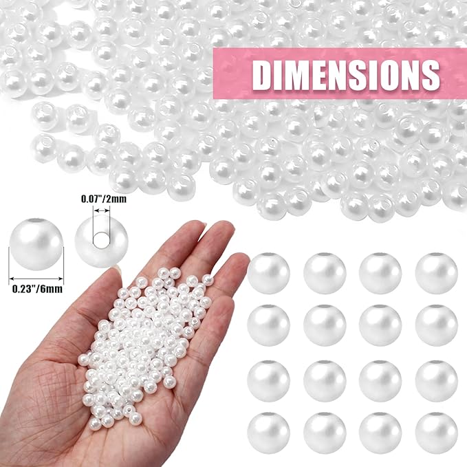 1000pcs Pearl Beads for Jewelry Making, 6mm White Plastic Beads for DIY Crafting Bracelets, Necklaces, Earrings