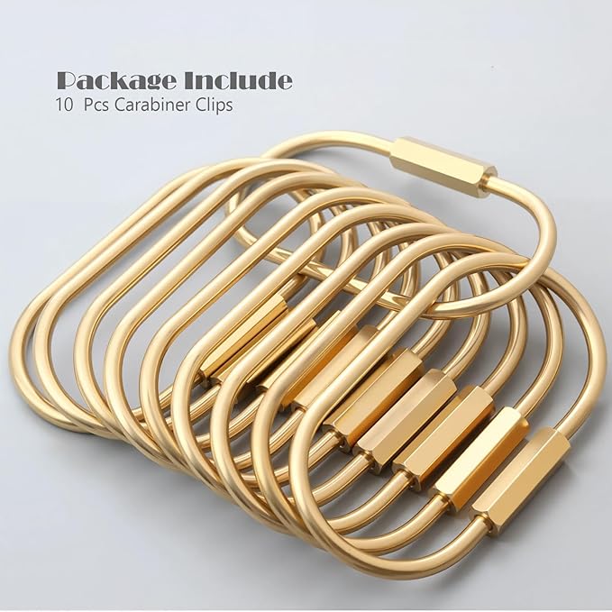 CMVFYL 10 Pcs Gold Brass Key Rings,Small Locking Carabiner Clip Keychain,Screw Lock Oval Keyring,Purse Bag Charms Holder for Handbag