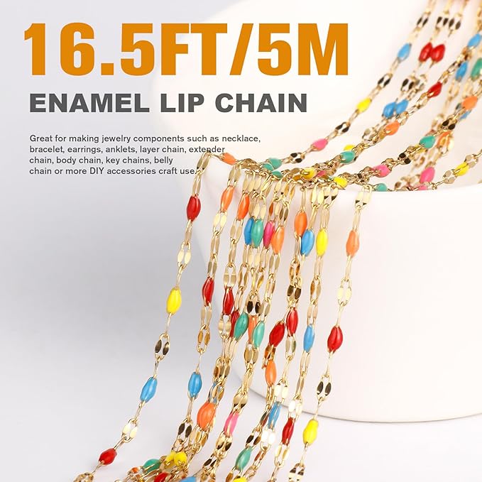 16.5FT 18K Gold PVD Plated Colorful Enamel Chain Roll, 2MM Rainbow Stainless Steel Enamel Lip Link Chains Spool Bulk for DIY Jewelry Making Necklace Bracelet