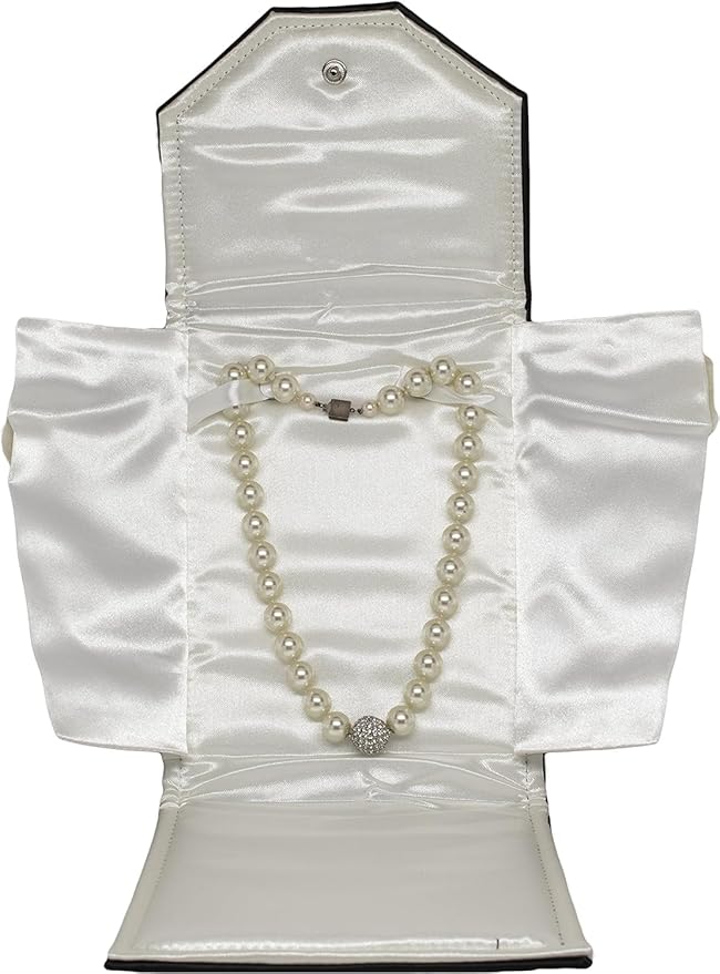 Novel Box Necklace Display Pearl Folder 7x5 inch Small Travel Jewelry Case - Wedding Jewelry Storage Holder with Smooth Finish - Jewelry Organizer Necklace Box - Black/White Stitched