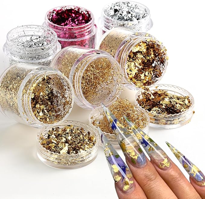 6 Bottles Holographic Nail Glitter Foils, Metallic Gold Silver Hot Pink Ultra-Thin Aluminum Foil Flakes for Nails, Resin Jewelry Making, Painting Art Nail Supplies DIY Manicure Charms Decorations