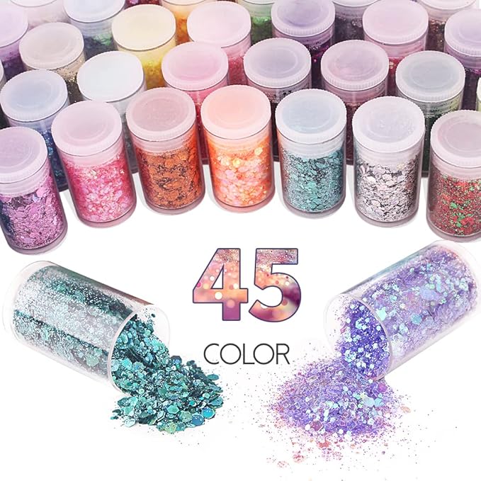 Holographic Chunky and Fine Glitter Mix, 45 Colors Festival Sequins & Powder, Iridescent Flakes, Cosmetic Face Body Eye Hair Nail Art Resin Tumbler Loose Glitter
