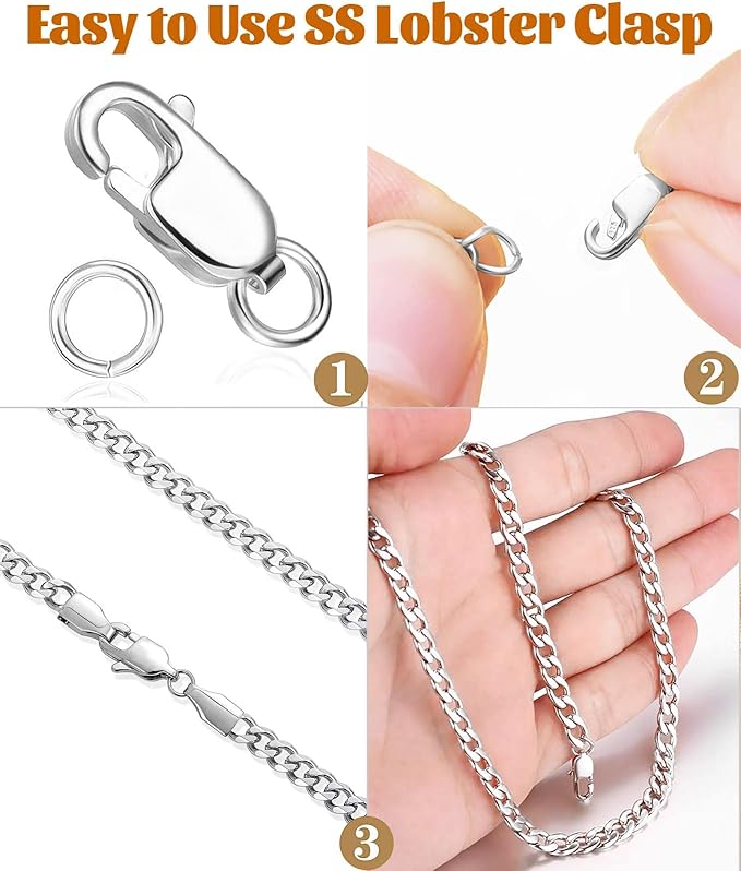 Kcctoo Silver Lobster Claw Clasp with Closed Jump Rings 14K Gold Necklace Clasps and Closures for Jewelry Making, Made in Italy 12mm(0.47inch) (Silver 12pcs)