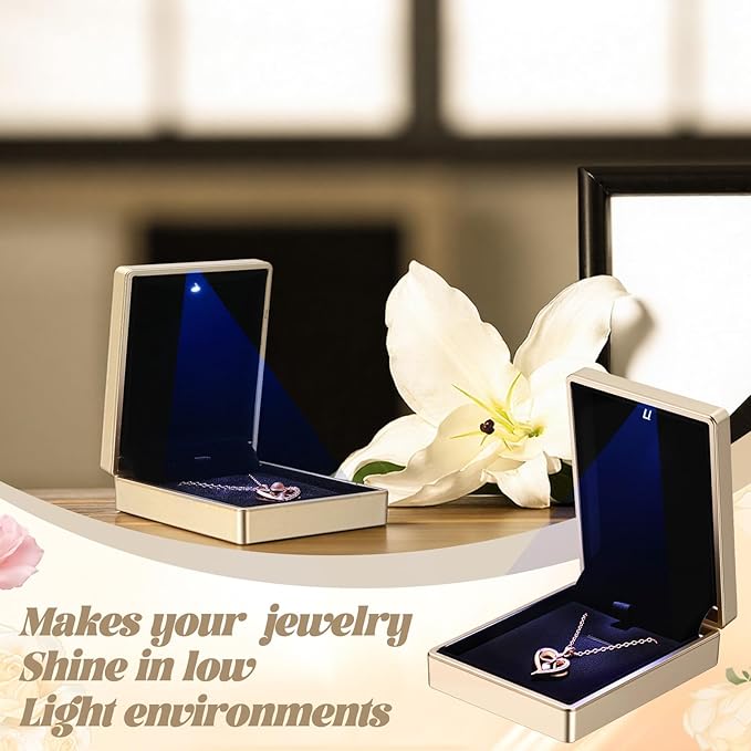 Landical 10 Pcs Pendant Necklace Box with LED Light Velvet Necklace Case for Pendant Bracelet Ring Earring, Jewelry Storage(Gold)