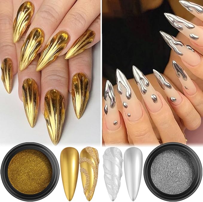 Fcozpjk Chrome Nail Powder Set 12 Colors Gold Silver Bronze Chrome Powder for Nails Metallic Nail Glitter Red Green Blue Mirror Rub Pigment with 2PCS Extra Fine White Sugar Powder Nail Design