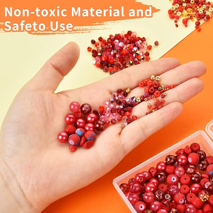 Rired 27 Glass Beads for Jewelry Making, 900pcs Red Bead Jewelry Making kit, 8mm Round Assorted Beads with Bicone and Seed Beads for Bracelet Making