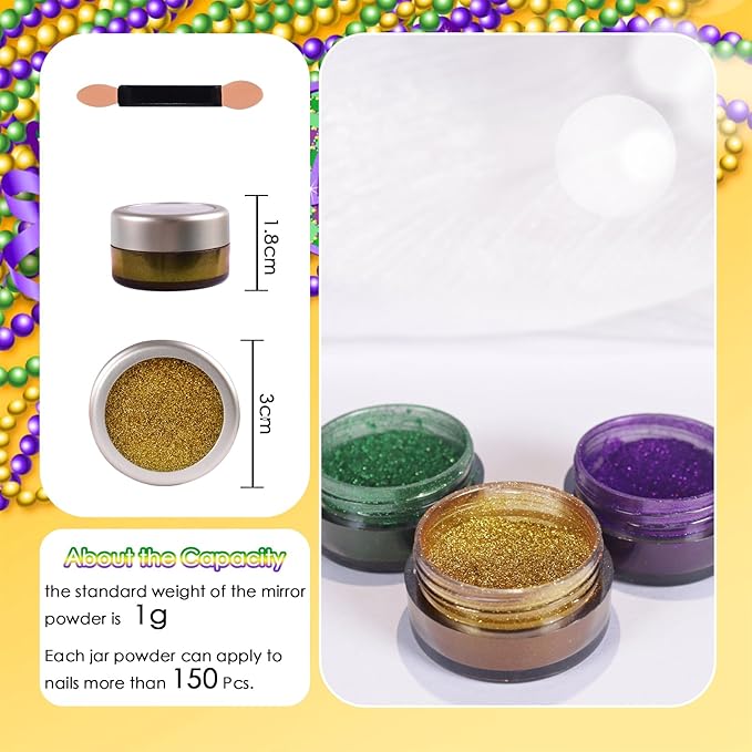 Laza 3 Colors Mardi Gras Chrome Nail Powder Mirror Effect Metallic Dust Holographic Glitter Manicure Decoration Reflective Pigment for DIY Gel Polish Nail Art, Resin Craft, Gifts - Gold Green Purple