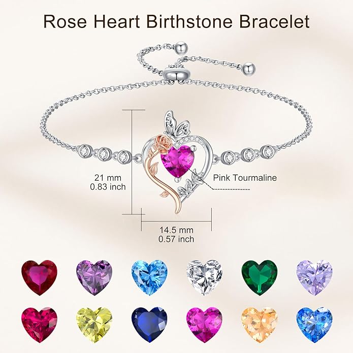 TOUPOP Rose Heart Birthstone Bracelet 925 Sterling Silver Butterfly Heart Bracelet Love Jewelry for Women Anniversary Valentines Day Birthday Gifts for Her Wife Mom