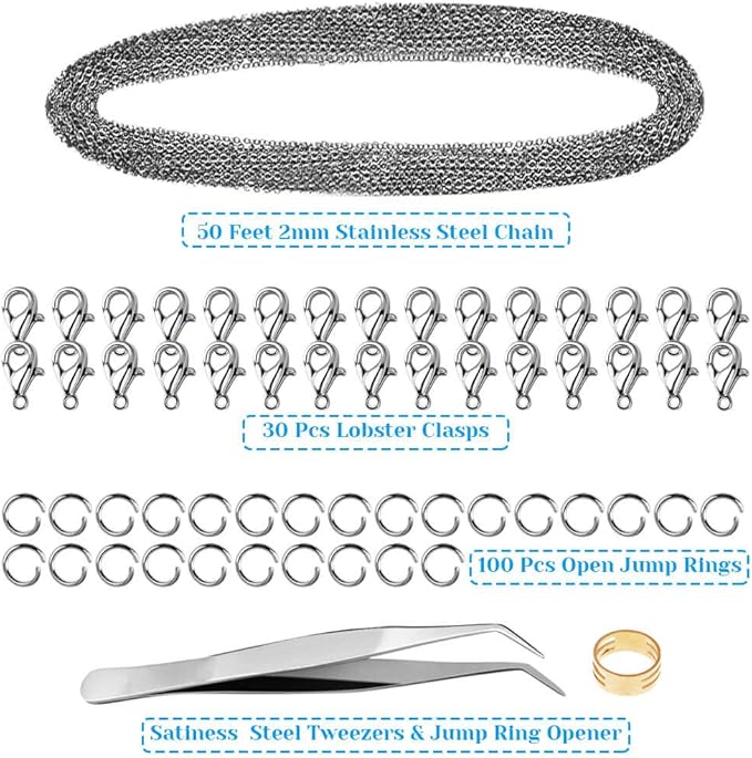 50 Feet Stainless Steel Chains for Jewelry Making, Anezus Jewelry Chain Bulk Small Metal Chains with 100 Jump Rings 30 Lobster Clasps for Necklace Making Bracelet DIY