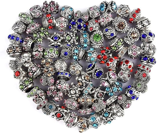 60 Pieces Assorted European Beads with Plating Silver Metal Alloy Rhinestone Large Hole Spacer Beads for DIY Charm Bracelet Jewelry Making (Inlaid Drill Alloy)