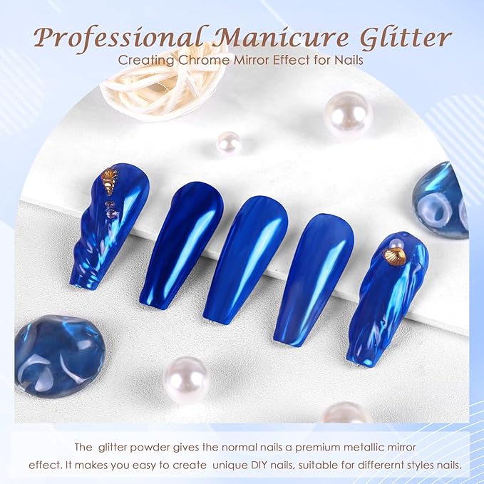 Laza Chrome Nail Powder Mirror Effect Metallic Dust Holographic Glitter Glazed Manicure Decoration Reflective Pigment for DIY Gel Polish Nail Art, Resin Craft, Gifts - Royal Blue