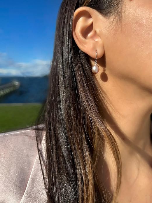 .925 Sterling Silver AAA Natural Pink Teardrop Shaped Freshwater Cultured Pearl French Wire Dangling Drop Earrings