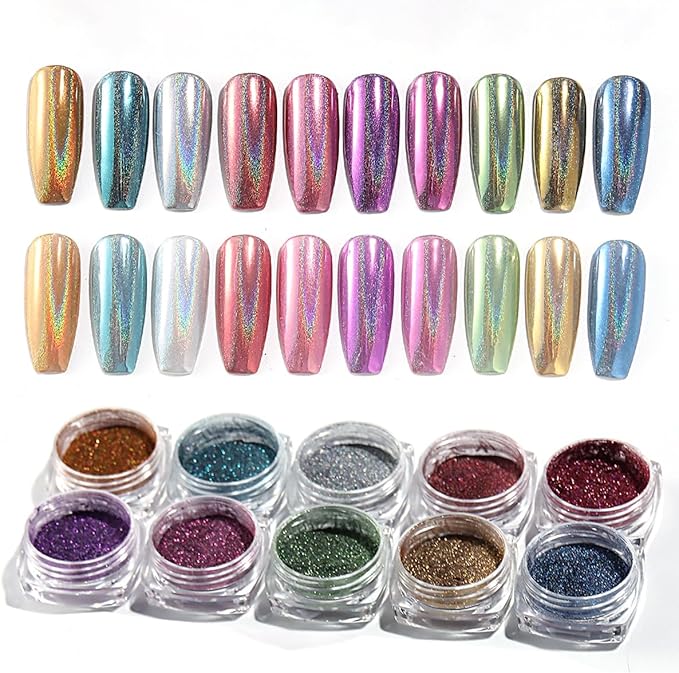 10 Colors Holographic Nail Powder, Holo Aurora Iridescent Metallic Mirror Laser Effect Chrome Pigment Glitter Dust for Salon Home Nail Art DIY Decorations
