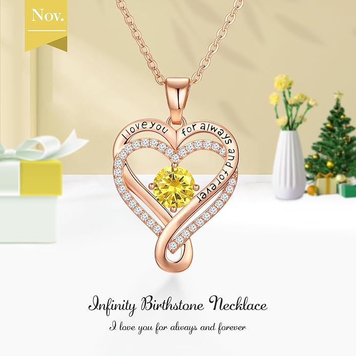 Infinity Love Heart Birthstone Necklace for Women Wife, S925 Sterling Silver Anniversary for Women Wife Birthday Gift for Her Girlfriend Mom Daughters, I Love You Women's Jewelry 18k Rose Gold Filled