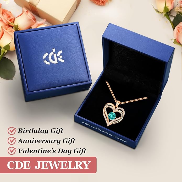 CDE Valentine's Day Gift Forever Love Heart Necklaces for Women, Wedding Anniversary, Birthday Mothers Christmas Day Gifts for Mom, Mother, Wife, S925 Silver Jewelry with Birthstone Pendant