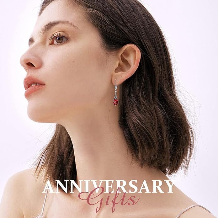 AOBOCO Vintage Earrings for Women Sterling Silver Retro Drop Dangle Leverback Earrings with 8x6mm Oval Genuine or Simulated Birthstone Crystal from Austria, Anniversary Jewelry Gifts for Her (Gift Box)