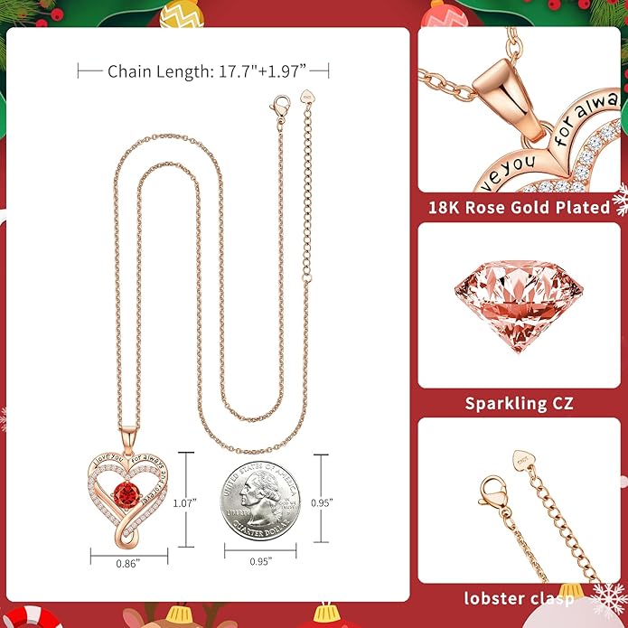 Infinity Love Heart Birthstone Necklace for Women Wife, S925 Sterling Silver Anniversary for Women Wife Birthday Gift for Her Girlfriend Mom Daughters, I Love You Women's Jewelry 18k Rose Gold Filled