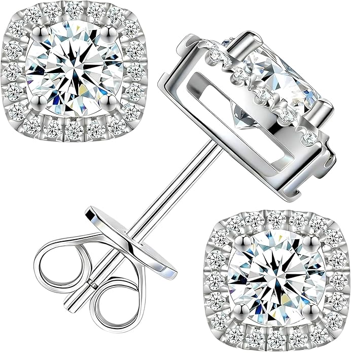 Moissanite Halo Square Earrings Flat back 0.5-3 Carat D Color VVS1 Grade Lab Grown Diamonds 925 Sterling Silver Plated 18K White Gold Flat Back Hypoallergenic Earrings for Women Men