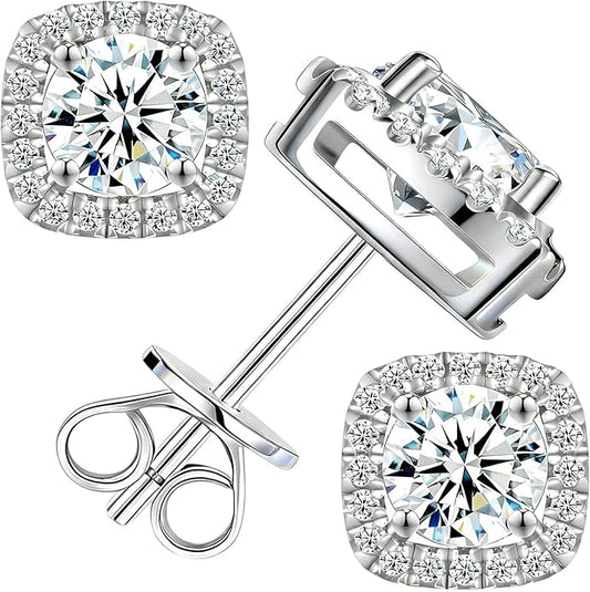 Moissanite Halo Square Earrings Flat back 0.5-3 Carat D Color VVS1 Grade Lab Grown Diamonds 925 Sterling Silver Plated 18K White Gold Flat Back Hypoallergenic Earrings for Women Men