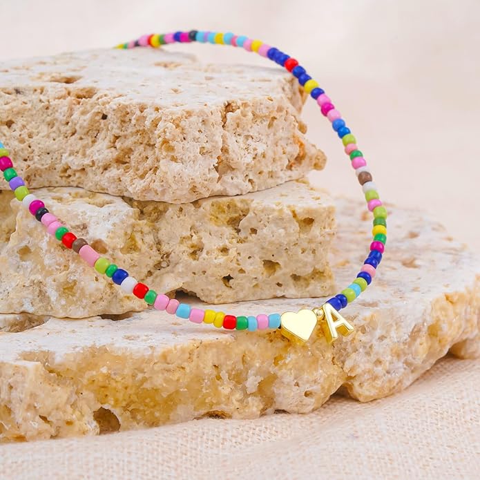 Turandoss Valentines Day Gifts for Kids Teen Girls - Colorful Beaded Initial Necklace, Dainty 14K Gold Plated Heart Letter A-Z Pendant Summer Jewelry Birthday Valentines Day Gifts for Her